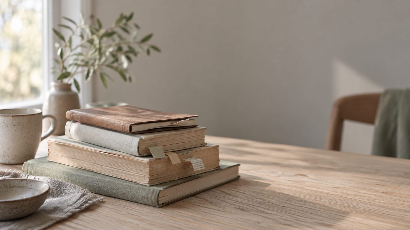 Стопка старых книг и чашка на светлом деревянном столе